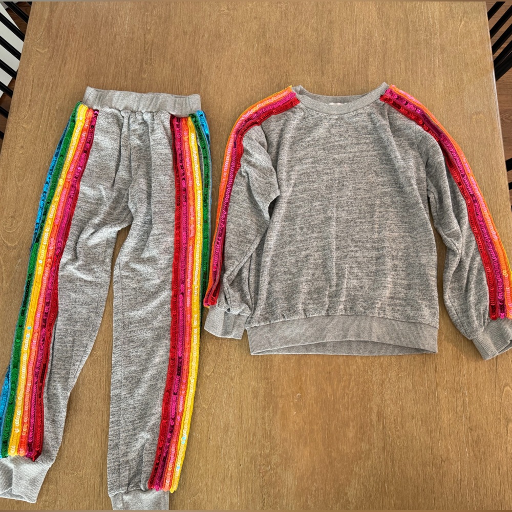 Lola + The Boys Gray Jumpsuit with Sequin Rainbow Stripes